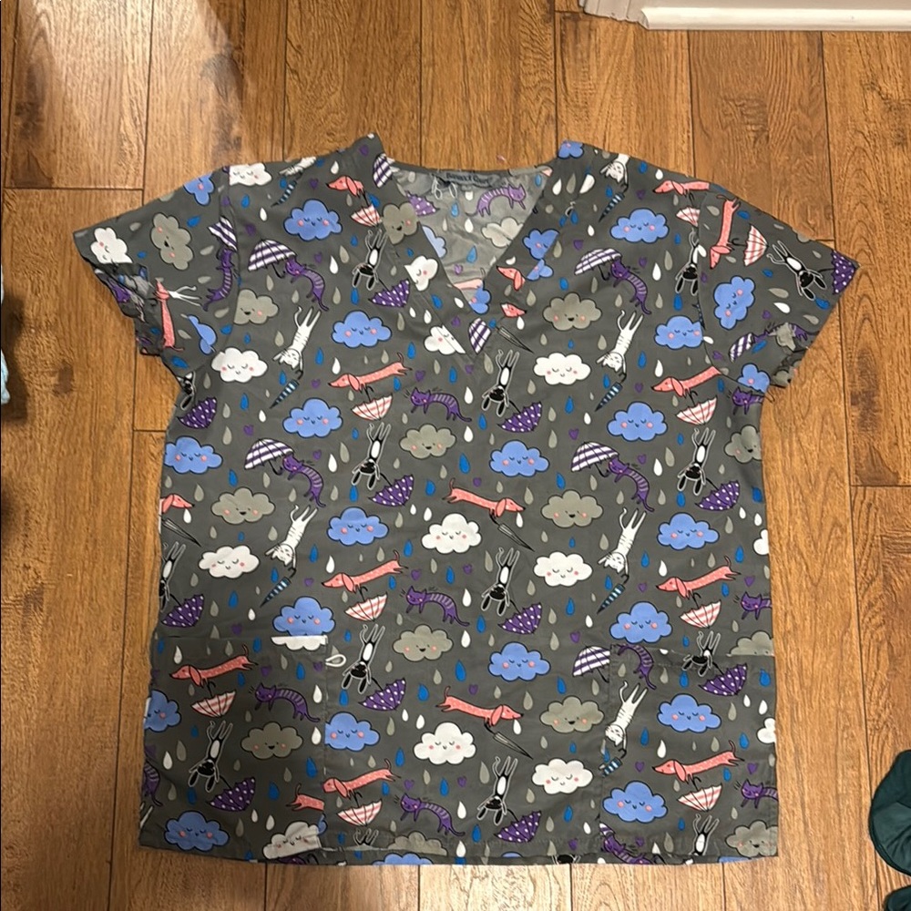 Gray Printed Women's Scrub Top Raining Cats and Dogs